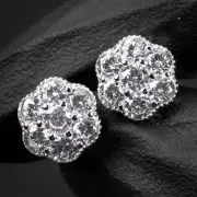 Brilliant Iced Cz Flower Cluster White Gold 925 Sterling Silver Stud Earrings