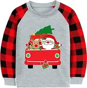 [CM-Kid] Christmas Shirt for Toddler Boys Santa Dino Reindeer Buffalo Red Plaid Long Sleeve Tshirt Tops for Kids 2-7 Years