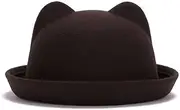 [Generic] 2025 Vintage Wool Felt Bowler Hat Women Cute Cat Ears Fedora Hat Round Dome Cap Classic Derby Hat Church Cloche Hat