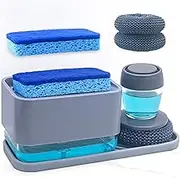 4 in 1 Dish Soap Dispenser and Sponge Holder Set for Kitchen Sink with Soap Dispensing Dish Brush, Sink Tray, Scrub Sponge, Brush Head