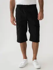 Cotton 3/4 Cargo Shorts Black - Elastic Waist