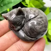 2.3" Natural Silver obsidian Carved Sleeping cat Quartz Crystal skull Decor 1PC