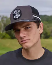 [The Mad Hueys] The Mad Hueys Men's Anchor Bones Twill Trucker Cap in Charcoal Grey One Size Charcoal Grey
