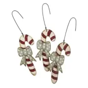 Country Farmhouse Wooden Frosted Candy Cane Ornies With Bows Set of 3