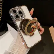 Compatible For iPhone 16 Pro Max Case Electroplated Edge Mirror Kickstand Clear Back Phone Cover with Glitter Lens Film Gold