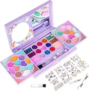 KIDCHEER Real Makeup Palette for Girls Washable Cosmetic Play Kit Princess Make up Set with Mirror (Purple)