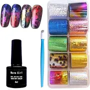 Warm Girl Nail Art Foil Glue Gel with Starry Sky Star Foil Stickers Set Nail Transfer Tips Manicure Art DIY 8ML, 10PCS (2.5cm100cm) Stickers