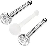[bodyjewellery] 3Pcs 18g 1mm Nose Stud Bone Straight Bar Nostril Ring Surgical Stainless Steel with 2.5mm Crystal and 20g Retainer Pick Color