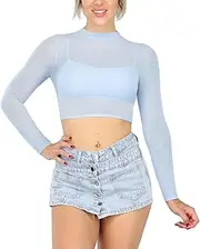 [YouSexy] Women's Sheer Mesh Long Sleeve Crop Tops See Though Tee Blouse