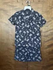 Tommy Bahama 2 Piece Shirt & Shorts Set Boys L 10/12 Gray Palm Tree Print Beach