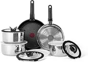 T-FAL Ingenio Expertise Stainless Steel Cookware Set 13 Piece, Induction, Stackable Cookware, Pots and Pans Set, RV, Camping, Kitchen Fry Pans, Dishwasher Safe, Detachable/Removable Handle, Silver