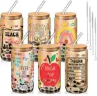 6Pcs Appreciation Gift 16oz Teacher's Day Glass Cups Bamboo Lid Glass Straw