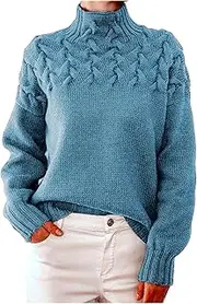 Women Turtleneck Long Sleeve Cable Knit Sweaters Fall Winter Pullover Tops Oversized Warm Cozy Trendy Casual Knitwear