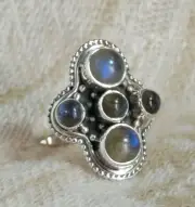 * LABRADORITE 5-STONE RING * in .925 Sterling Silver, Size 6.25 to 6.5