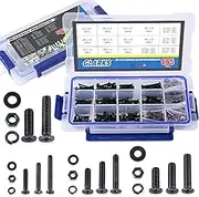 Glarks 665Pcs Alloy Steel Flat Head Machine Screws Bolts Nuts and Flat Gasket Spring Washers Assortment Set, Fully Threaded, Black Oxide Finish