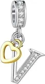 [MiiFort] Gold Heart A to Z Initial Letter Dangle Charm fits Pandora Charms Bracelets for Women Alphabet Pendant Name Necklace Personalized Gift Clear Cubic Zirconia