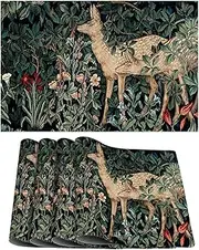 Forest Deer Placemats Set of 4 William Morris Animal Table Placemats Heat Resistant Place Mats Vintage Floral Botanical Linen Woven Dining Table Mats Green Kitchen Table Decor 11.8"X17.7"