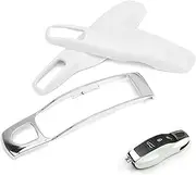 Remote Key Case, 3 Piece Key Cover/Key Fob Shell Cover for Porsche Cayenne 92A models 2011‑up, Pearl White+Silver Middle Shell