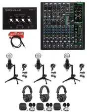 3-Person Podcast Podcasting Recording Kit w/Mackie ProFX10 v3 Mixer+Desk Stands