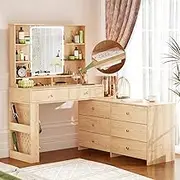 YYJ 74.8''Makeup Vanity Desk with Large Mirror and Lights&Charging Station,Modern Corner Vanity Table with 8 Storage Shelves,Makeup Table for Bedroom,Oak