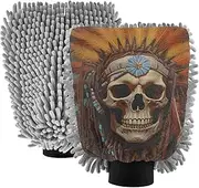 XYMZR Indian Chief Skull Feather Absorbent Microfiber Car Wash Mitt, Funny Cute Anime Scratch Free for Cars Cleaning, Home Cleaning Mitts, 2 Pack, 10.24” L x 7.09” W