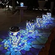 Cooo 1 Pack Mosaic Lanterns Outdoor Waterproof with 215% Larger Solar Panel, Never Rust Lids, True Capacity Battery- Solar Mason Mosaics Jar Lantern for Patio Garden Yard Balcony Hanging or Table