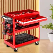 2x 3-Tier Tools Storage Cart Portable Service Trolley Drawers Hooks Heavy Duty