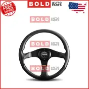 MOMO Steering Wheel Tuner Black Leather Horn 350mm Dia 37mm Dish W/Red Stitching