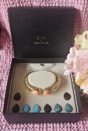 Kenneth Jay Lane hinged gold tone bangle bracelet with interchangeable jewels