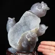 9.4" Agate Geode Hand Carved Crystal Owl Sculpture, Crystal Healing