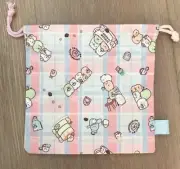 San X Sumikko Gurashi pink and blue plaid Small square drawstring pouch bag
