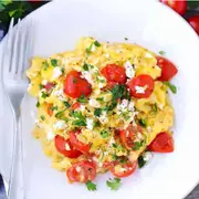 Creamy Free Range scrambled eggs with sautéed Mushroom, Spinach and Cherry Tomatoes (Breakfast) 200g