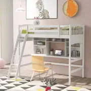 Twin Wood Loft Bed W/ Storage Shelves, Desk, and Ladder