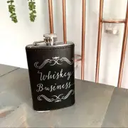 Small Whiskey Business Flask Black Faux Leather Silver Christmas Gift Idea
