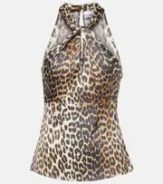 [Ganni] Ganni Leopard-print halterneck satin top AU 14 brown