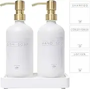 Janxin Glass Soap Dispenser for Kitchen with Stainless Steel Pump and Wood Tray, Modern Bathroom Dispenser with Waterproof Labels for Hand, Dish Soap, Lotion(White Bottles+Gold Pumps)
