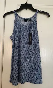 Tahari Women's 100% Linen Blue Print Spaghetti Strap Top Size Small NWT