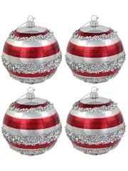 Red & Silver Striped Christmas Baubles With Silver Sequin Detail - 4 x 80mm