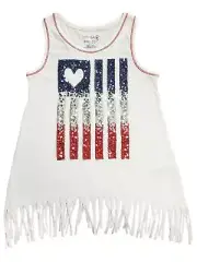 Girls Red White Blue Sequin Flag Heart Stripe Patriotic Fring Tank Top