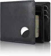 [Swallowmall] AirTag Wallet Men RFID Blocking Genuine Leather Bifold Mens Wallet For AirTag 1 ID Window 12 Card Holders Gift Box (Airtag Not included), Black, Classic