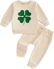 Lesimsam Toddler Baby Boy Girl St. Patrick's Day Outfit Four-Leaf Clover Embroidery Long Sleeve Sweatshirt Top and Pants Set