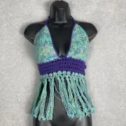 Bad Kitty Knits Womens Crochet Halter Top Crop Size M Turquoise Fringe Boho