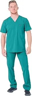 Banu Mens Scrubs Set - Stretch V-Neck Top & Straight Leg Pant with Drawstring Waistband, 11 Pockets