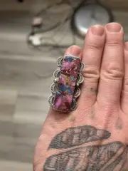 STERLING SILVER NATIVE AMERICAN SIGNED TIA BIG STAMPED DAHLIA TURQUOISE RING 925