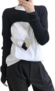 [Generic] Women's Casual Crewneck Long Sleeve Crop Tops Drop Shoulder Asymmetrical High Low Hem Sweatshirts Top