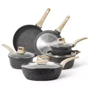 Nonstick Pots and Pans Set, 10 Pcs Granite Stone Kitchen Cookware Sets (Black)