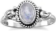 [JewelryWeb] Oxidied 925 Sterling Silver Ring 5mm X 7mm Celestial Moonstone Stone Has a Rope Edge 1.5mm Wide Band Style-Ring for Women