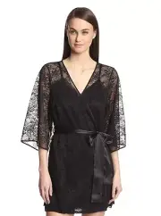 Blush Deception Kimono Sheer Lace Short Robe S M Black $98