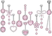 [CrazyPiercing] 10Pcs 14G Pink Belly Button Rings Hypoallergenic Surgical Stainless Steel Belly Rings, Dangle Belly Button Rings with Cute CZ Butterfly Heart Flower Bow Belly Rings for Women, Sterling