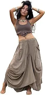 [Thaluta] Women's Maxi Skirt Bohemian with Pockets Gypsy Elastic High Waist Cotton